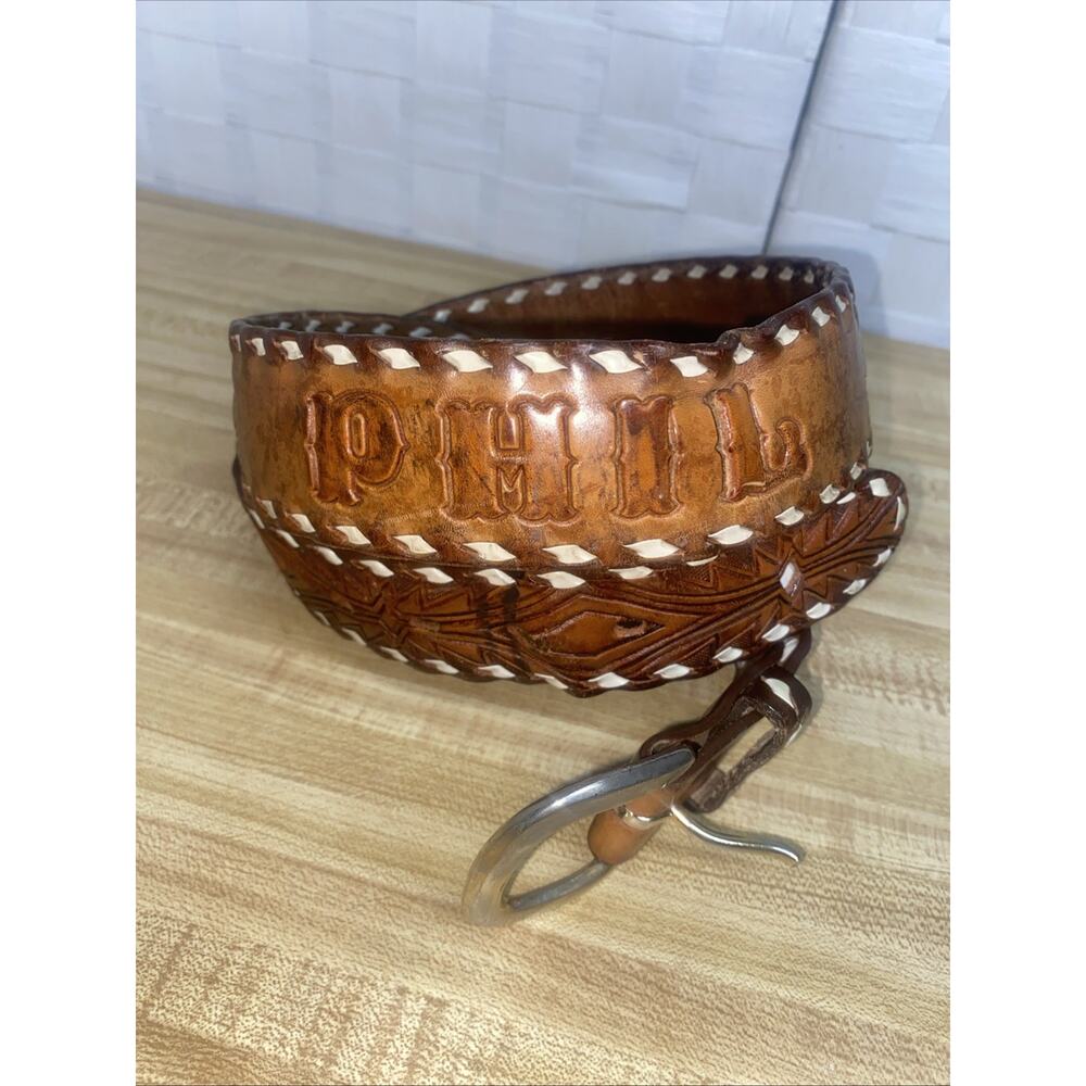 TEXTAN Hand Tooled Leather Laced Rodeo Western Cowboy Belt USA 2226B Sz. 38 PHIL